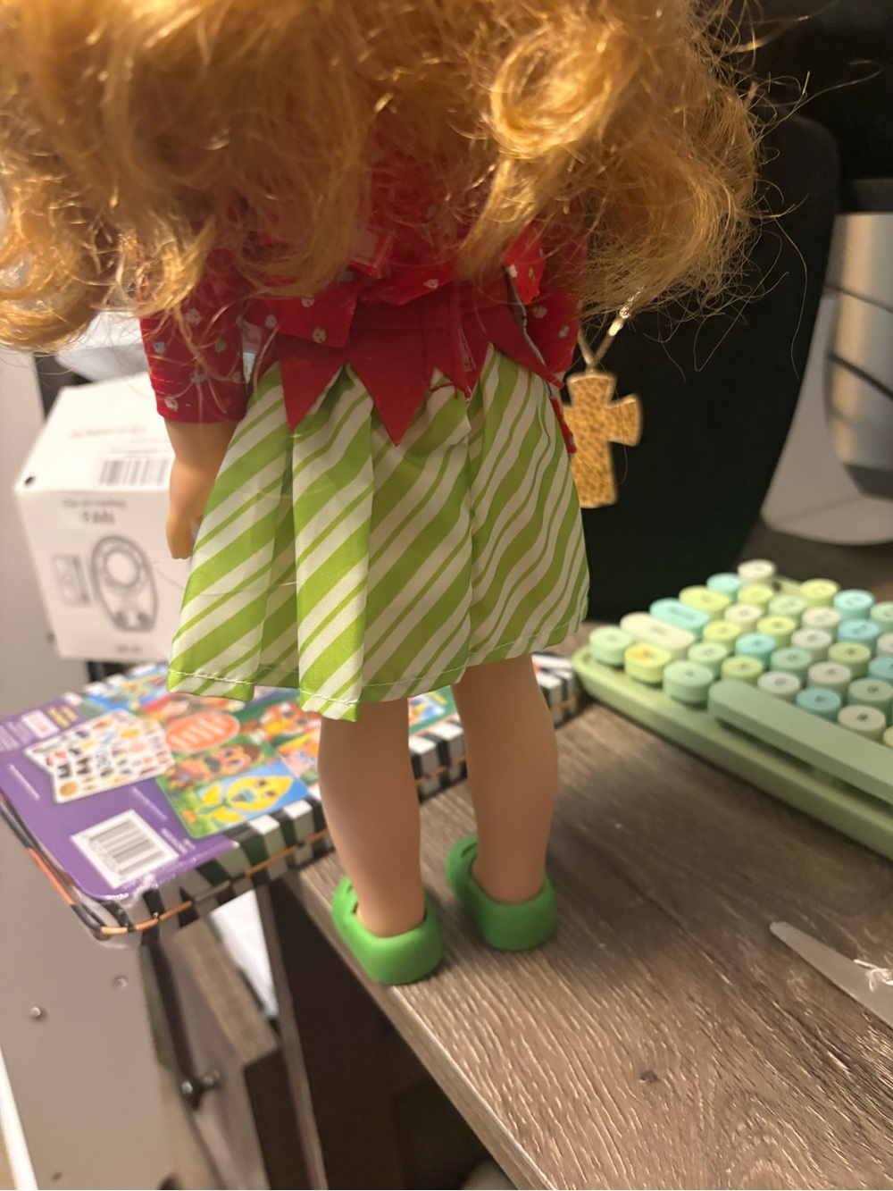 American Girl Wellie wisher doll with red green dress and lime shoes. - Picture 8 of 9